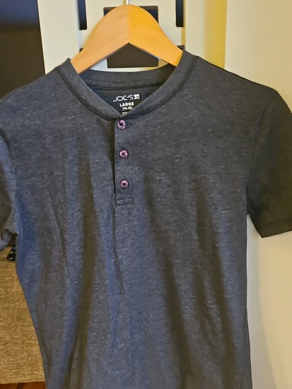 Joe's Jeans Short Sleeve Henley in Charcoal with Purple Buttons